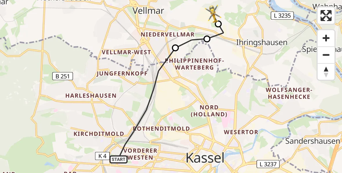Flugroute Rettungshubschrauber Kassel - Fuldatal Bundespolizei Hubschrauberlandeplatz, 02 August 2026, 19:17