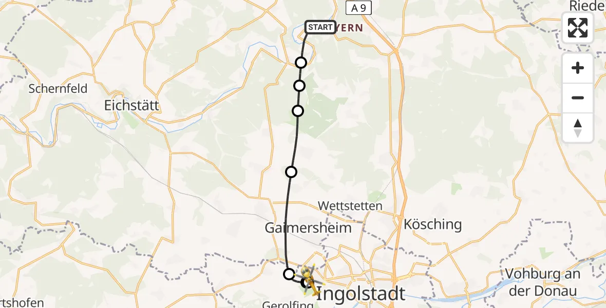Flugroute Rettungshubschrauber Kipfenberg - Ingolstadt Hospital, 02 August 2026, 19:17