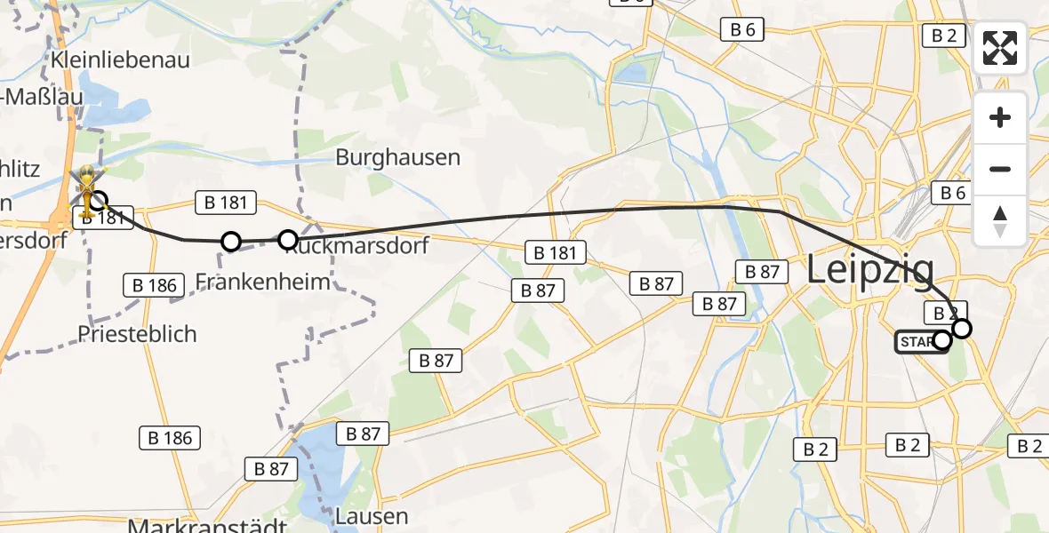 Flugroute Rettungshubschrauber Leipzig University Hospital Heliport 1 - ADAC Air Rescue Station Leipzig/Schkeuditz-Dölzig Hubschrauberlandeplatz (Christoph 61), 02 August 2026, 19:22