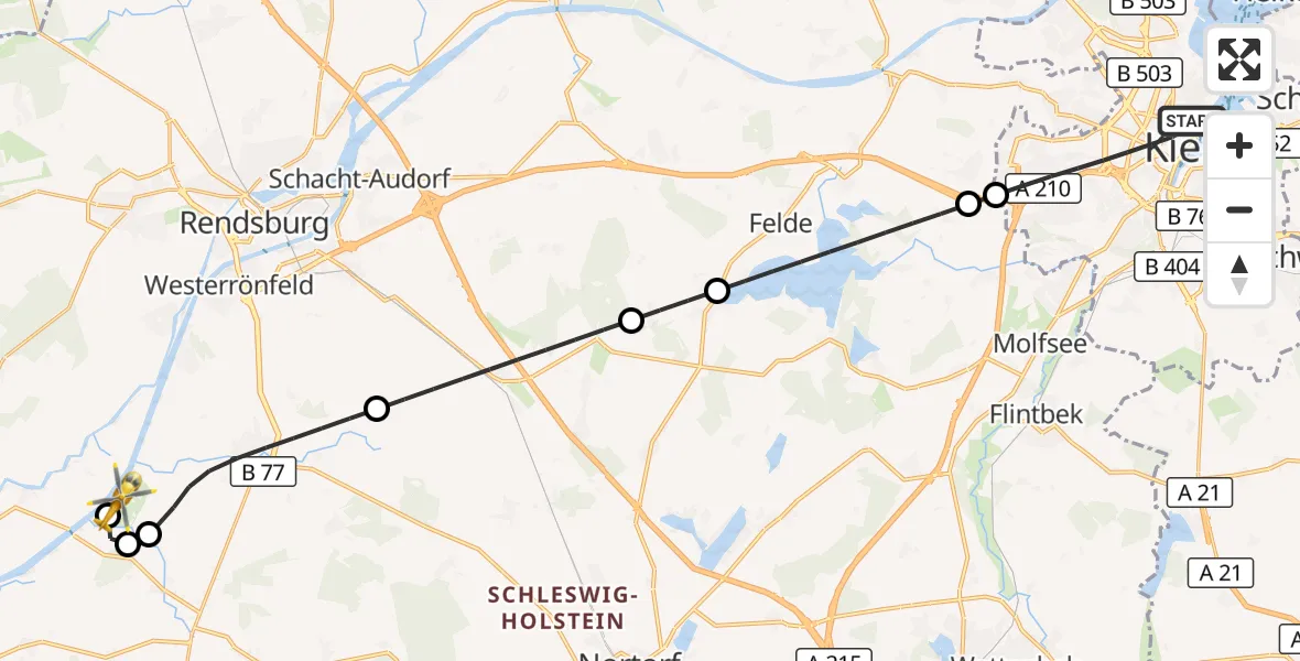 Flugroute Ambulanzhubschrauber Kiel - Rendsburg-Schachtholm Flugplatz, 02 August 2026, 19:24