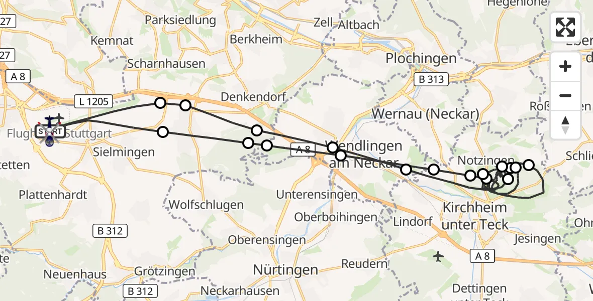 Flugroute Polizeihubschrauber Flughafen Stuttgart - Flughafen Stuttgart, 02 August 2026, 19:33