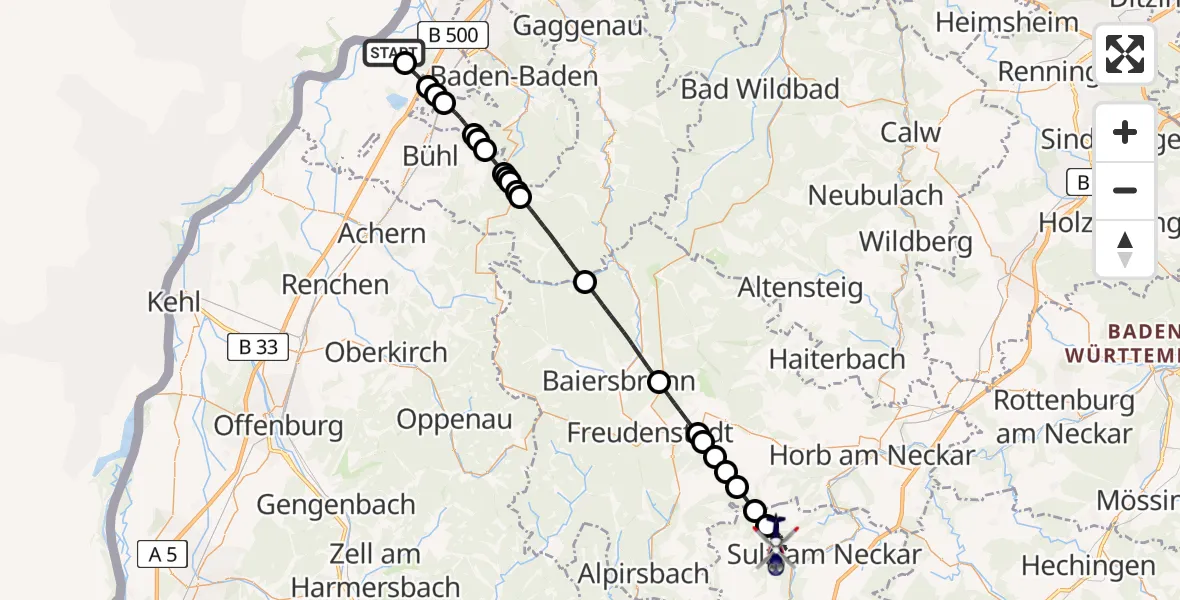 Flugroute Polizeihubschrauber Karlsruhe Baden-Baden Flughafen - Sulz am Neckar, 02 August 2026, 20:02