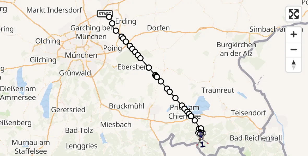 Flugroute Polizeihubschrauber München Flughafen - Unterwössen, 02 August 2026, 20:15