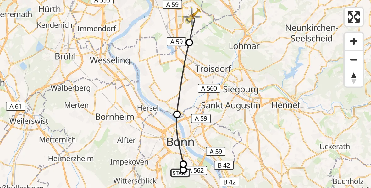 Flugroute Ambulanzhubschrauber Bonn University Hospital - Köln Bonn Flughafen, 02 August 2026, 20:21