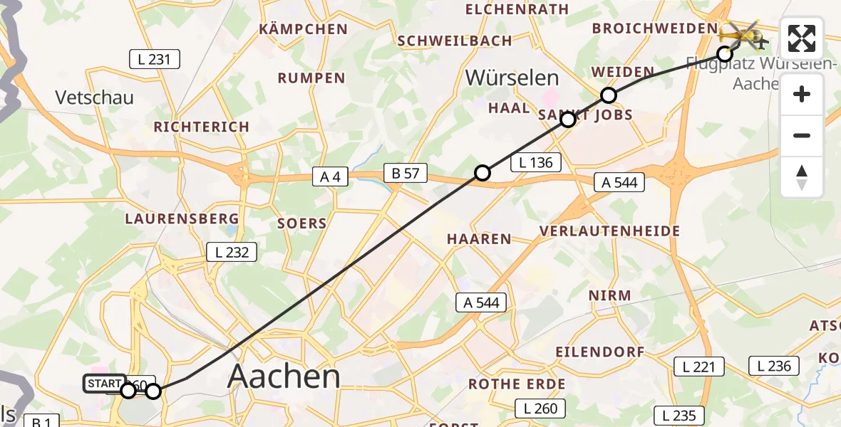 Flugroute Rettungshubschrauber Aachen Hospital - Aachen-Merzbrück Flughafen, 02 August 2026, 20:25