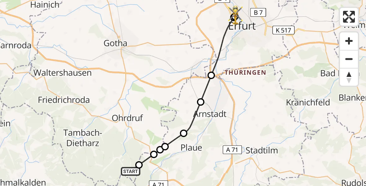 Flugroute Ambulanzhubschrauber Ohrdruf - Helios Clinic Erfurt, 02 August 2026, 20:35