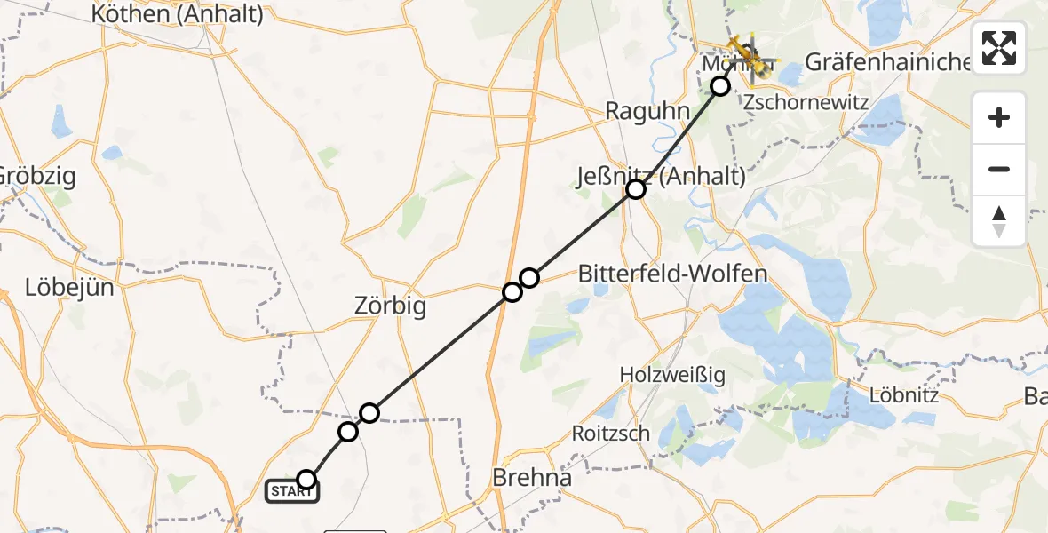 Flugroute Rettungshubschrauber Halle-Oppin Flugplatz - Gräfenhainichen, 02 August 2026, 21:01