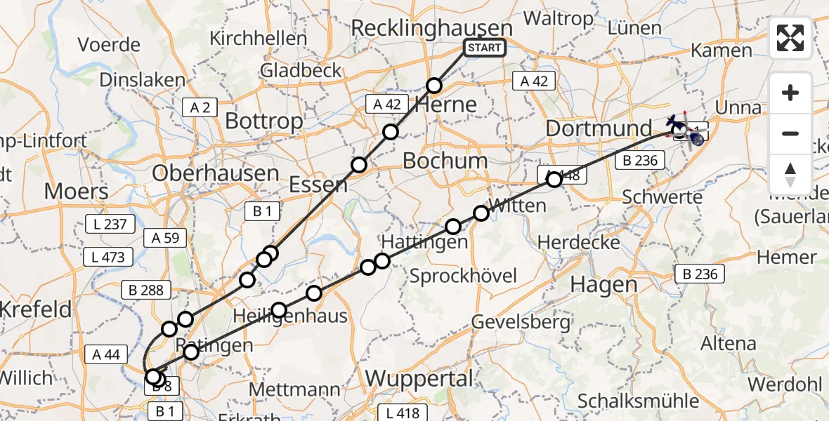 Flugroute Polizeihubschrauber Recklinghausen - Dortmund Flughafen, 02 August 2026, 21:26