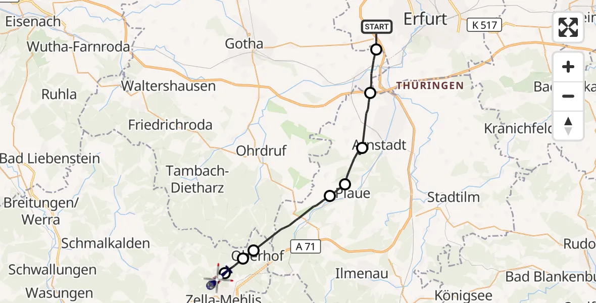 Flugroute Polizeihubschrauber Erfurt - Zella-Mehlis, 02 August 2026, 21:48