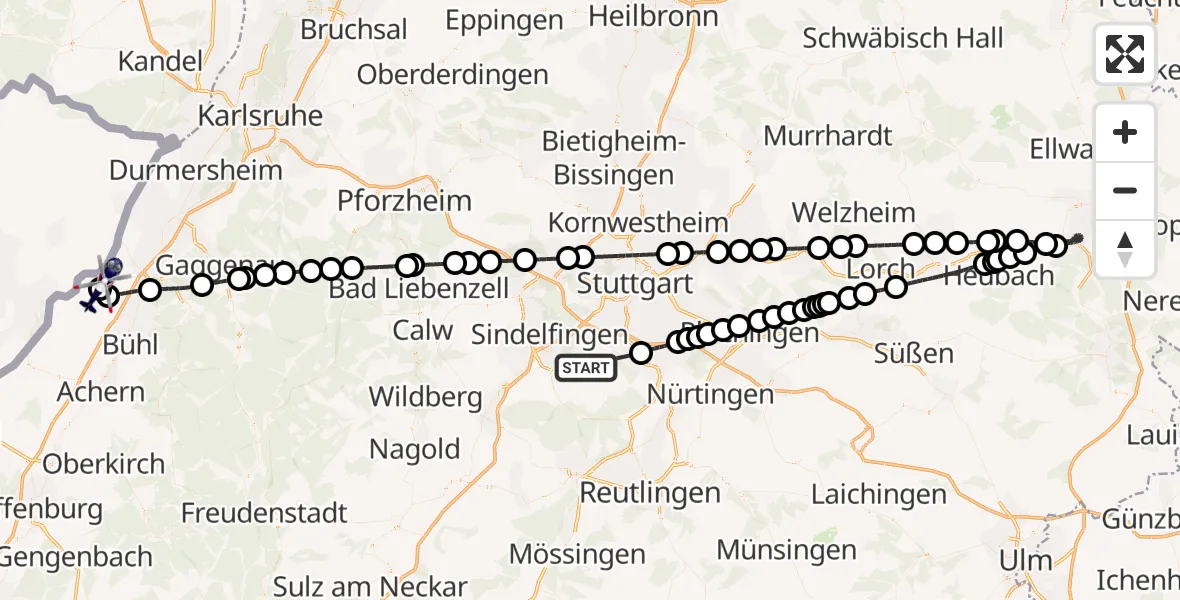 Flugroute Polizeihubschrauber Schönaich - Karlsruhe Baden-Baden Flughafen, 02 August 2026, 21:56