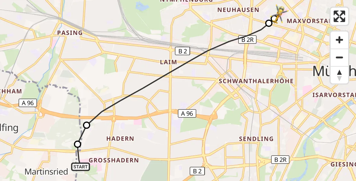 Flugroute Rettungshubschrauber DRF Air Rescue München Hubschrauberlandeplatz - Deutsches Herzzentrum München, 02 August 2026, 22:03