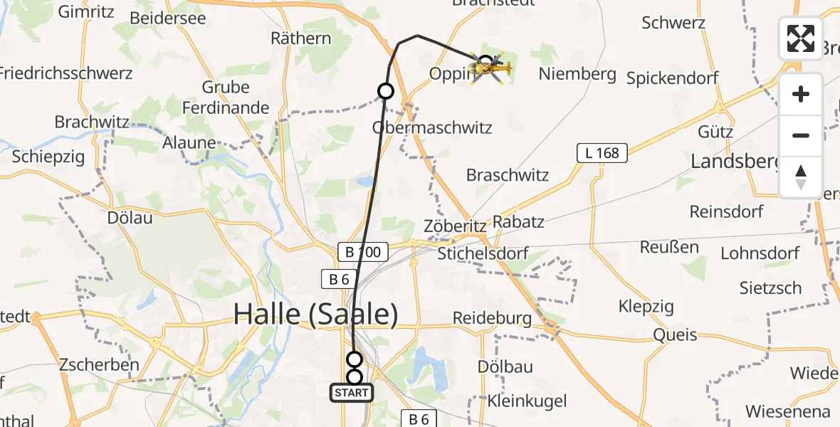 Flugroute Rettungshubschrauber BG Hospital Bergmannstrost Halle - Halle-Oppin Flugplatz, 02 August 2026, 22:32