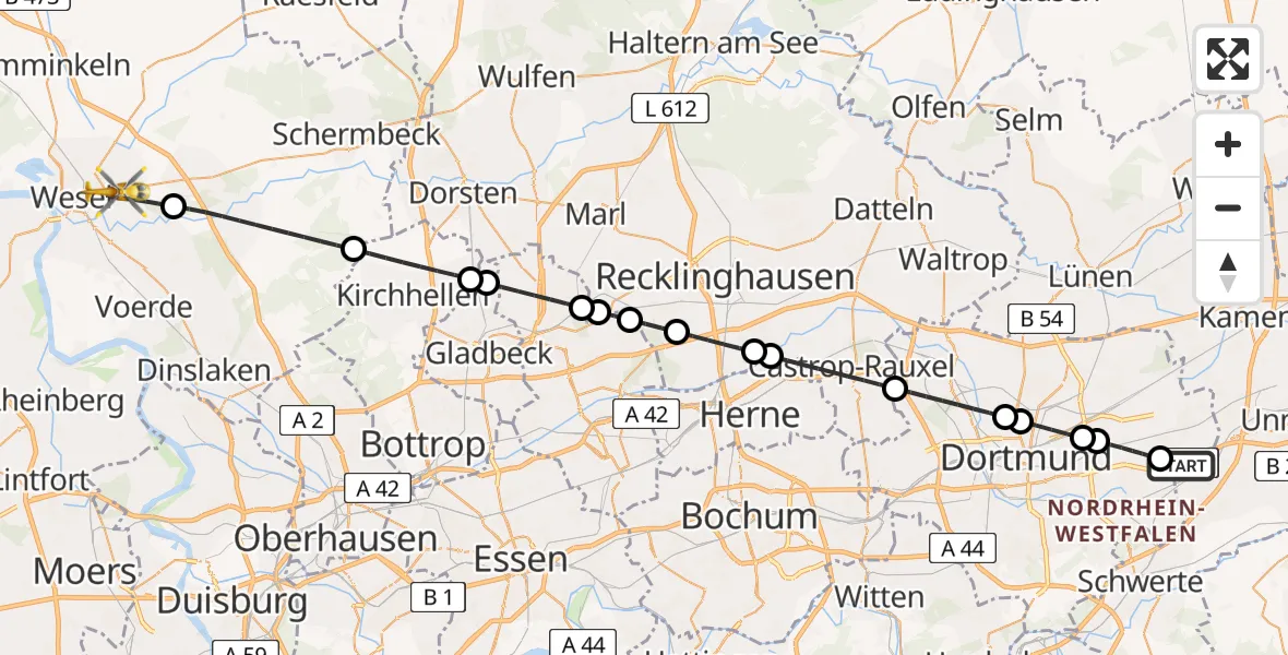 Flugroute Rettungshubschrauber Dortmund Flughafen - Wesel, 02 August 2026, 22:44
