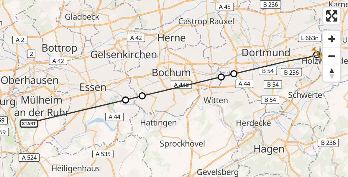 Flugroute Rettungshubschrauber Mülheim an der Ruhr - Dortmund Flughafen, 03 August 2026, 00:26