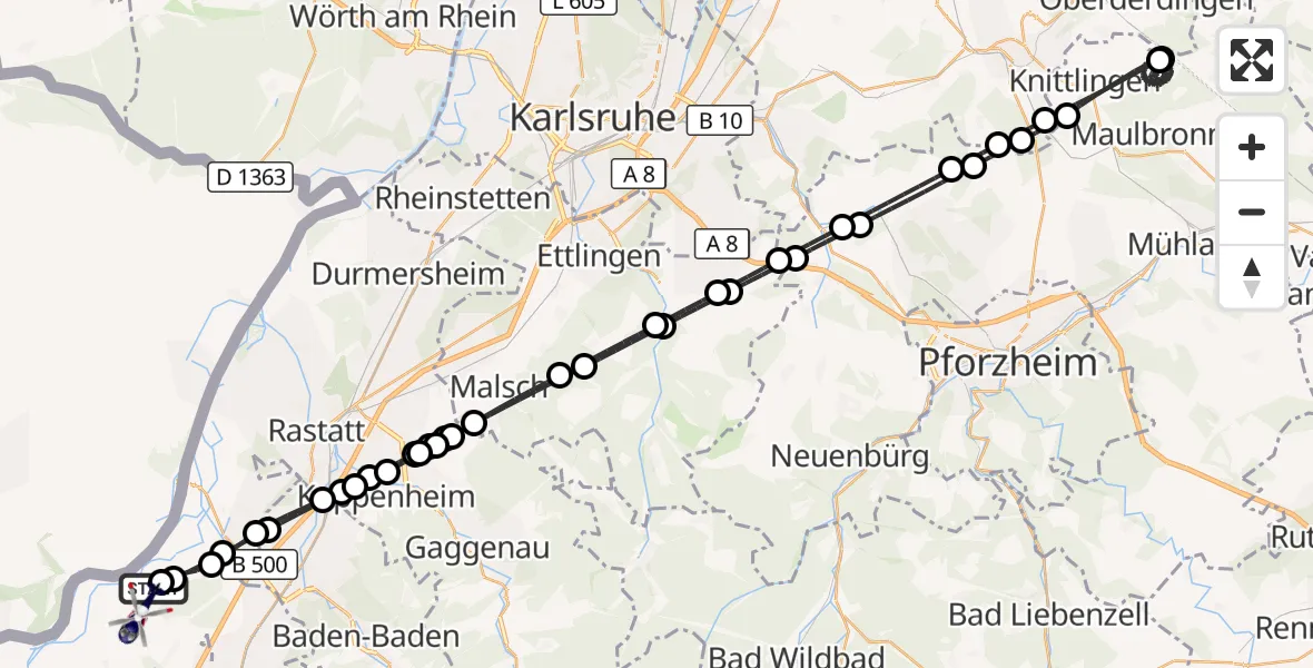 Flugroute Polizeihubschrauber Karlsruhe Baden-Baden Flughafen - Karlsruhe Baden-Baden Flughafen, 03 August 2026, 01:25