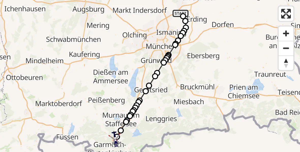 Flugroute Polizeihubschrauber München Flughafen - Oberau, 03 August 2026, 04:36