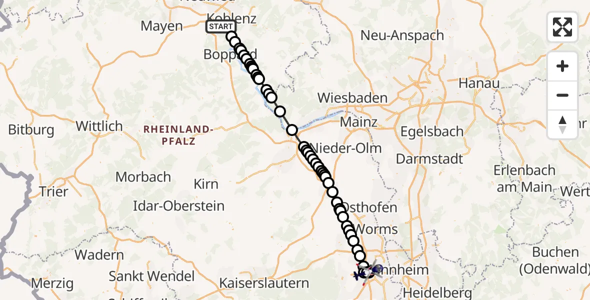 Flugroute Polizeihubschrauber Koblenz - Autobahnpolizei Ruchheim Hubschrauberlandeplatz, 03 August 2026, 04:44