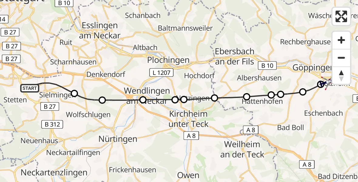 Flugroute Polizeihubschrauber Flughafen Stuttgart - Göppingen, 03 August 2026, 05:04