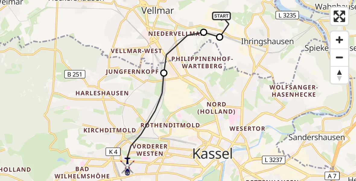 Flugroute Polizeihubschrauber Fuldatal Bundespolizei Hubschrauberlandeplatz - Kassel, 03 August 2026, 05:11