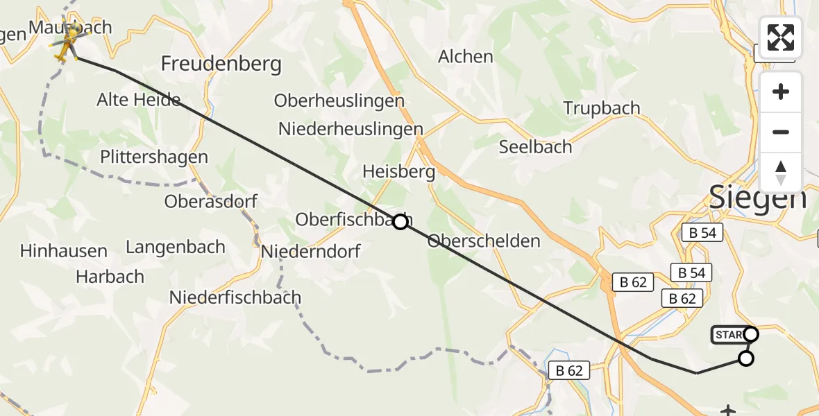 Flugroute Rettungshubschrauber Evangelisches Jung-Stilling Hospital - Freudenberg, 03 August 2026, 05:25