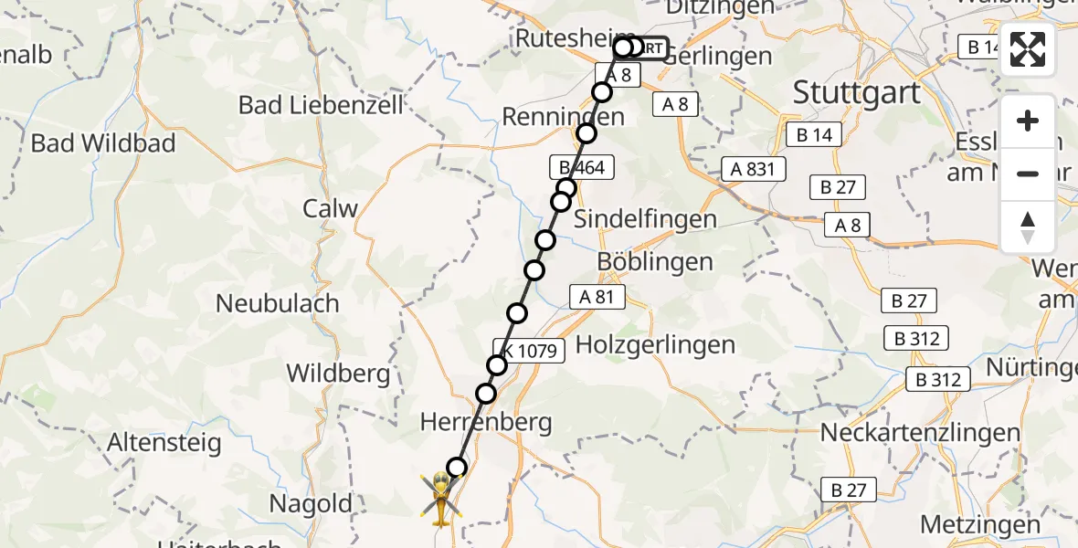 Flugroute Rettungshubschrauber Leonberg Hospital - Gäufelden, 03 August 2026, 05:34