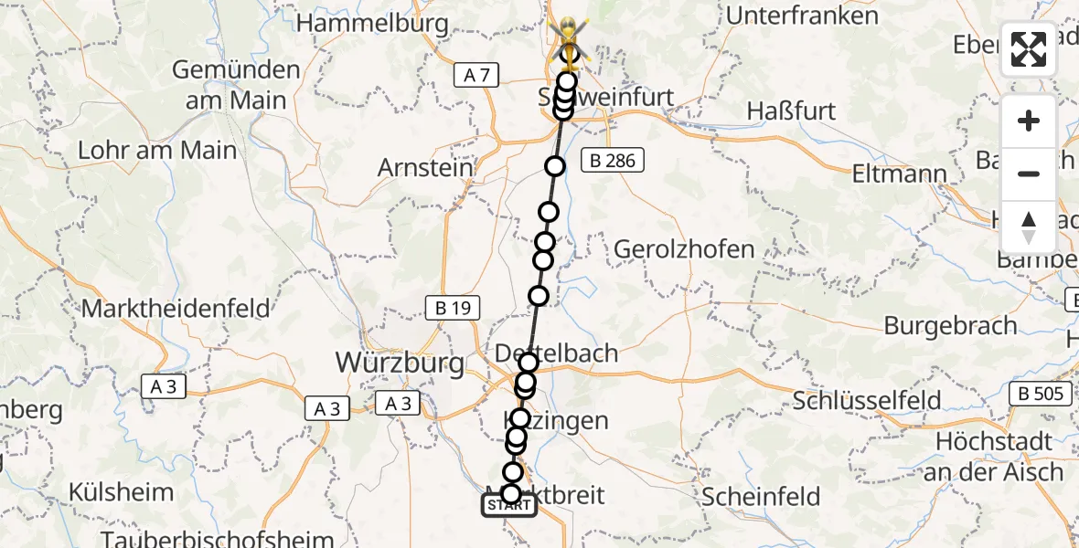 Flugroute Rettungshubschrauber Ochsenfurt Hospital - Poppenhausen, 03 August 2026, 05:38