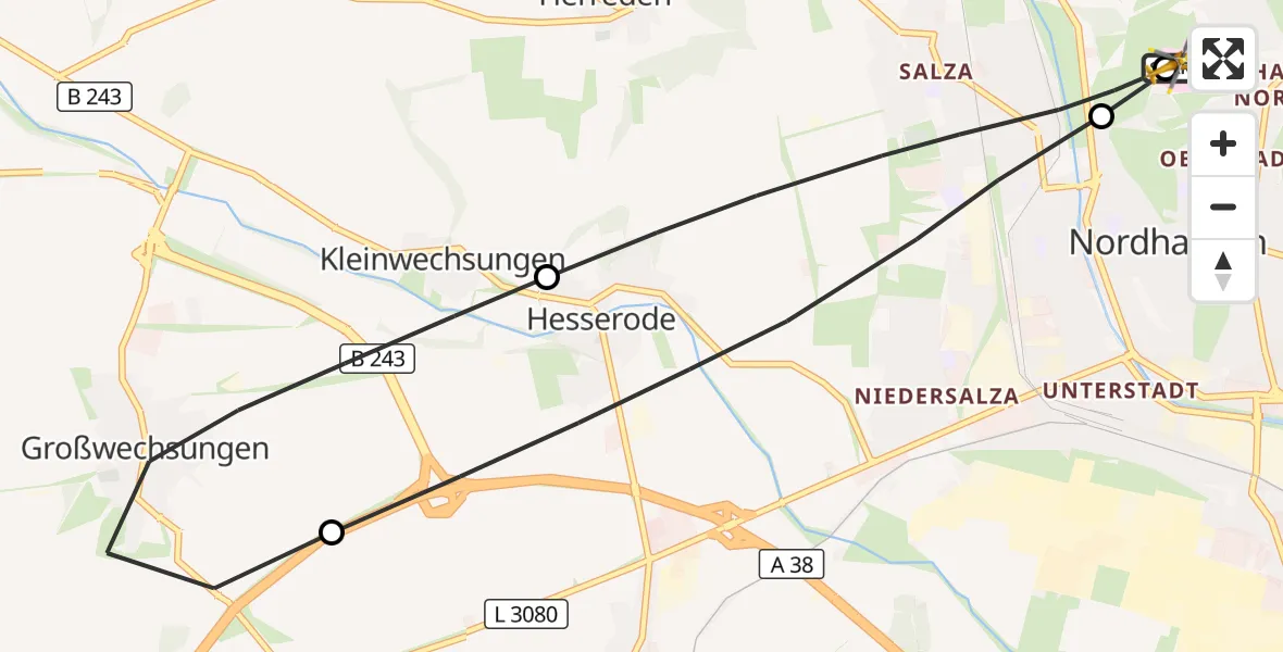 Flugroute Rettungshubschrauber Südharz Hospital Nordhausen - Südharz Hospital Nordhausen, 03 August 2026, 05:44