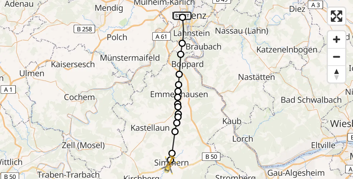 Flugroute Rettungshubschrauber Kemperhof Koblenz Klinikum Hubschrauberlandeplatz - Simmern/Hunsrück, 03 August 2026, 05:55