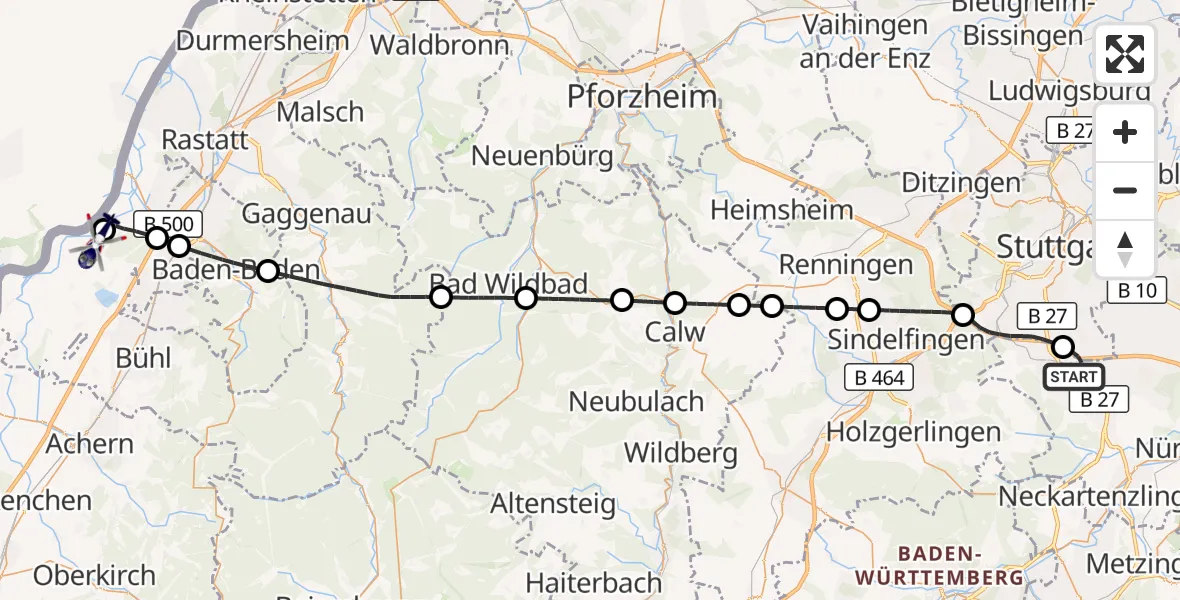 Flugroute Polizeihubschrauber Flughafen Stuttgart - Karlsruhe Baden-Baden Flughafen, 03 August 2026, 06:04
