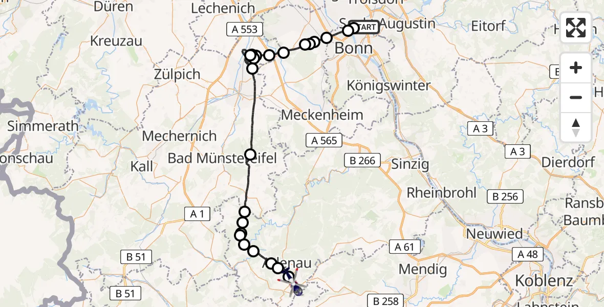 Flugroute Polizeihubschrauber Bonn - Quiddelbach, 03 August 2026, 06:07