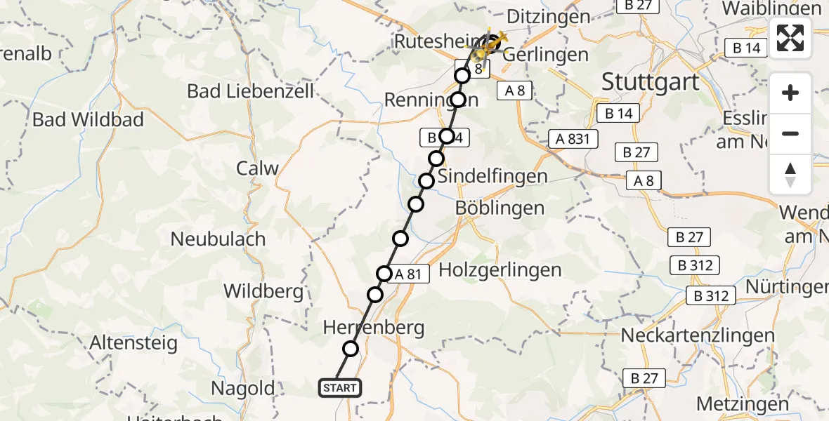 Flugroute Rettungshubschrauber Gäufelden - Leonberg Hospital, 03 August 2026, 06:13