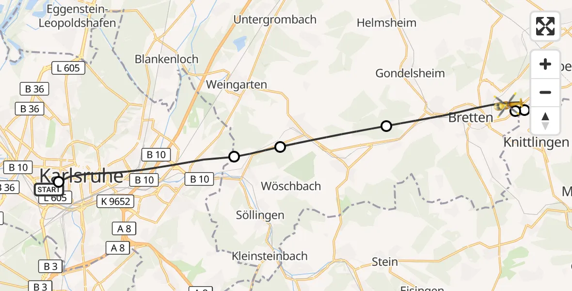 Flugroute Ambulanzhubschrauber Sankt Vincentius Hospital - Bretten, 03 August 2026, 06:19