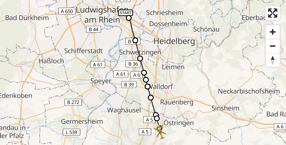 Flugroute Rettungshubschrauber Mannheim-City Flughafen - Bad Schönborn, 03 August 2026, 06:25