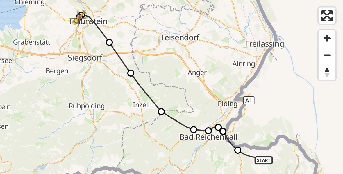 Flugroute Rettungshubschrauber Bischofswiesen - Traunstein Hospital, 03 August 2026, 06:26