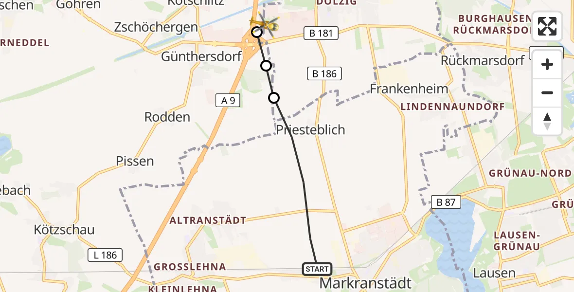 Flugroute Rettungshubschrauber Markranstädt - ADAC Air Rescue Station Leipzig/Schkeuditz-Dölzig Hubschrauberlandeplatz (Christoph 61), 03 August 2026, 06:29