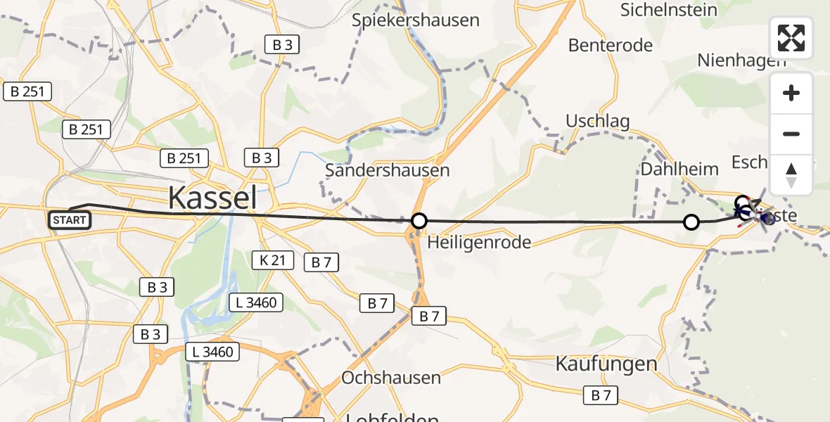 Flugroute Polizeihubschrauber Kassel - Nieste, 03 August 2026, 06:30