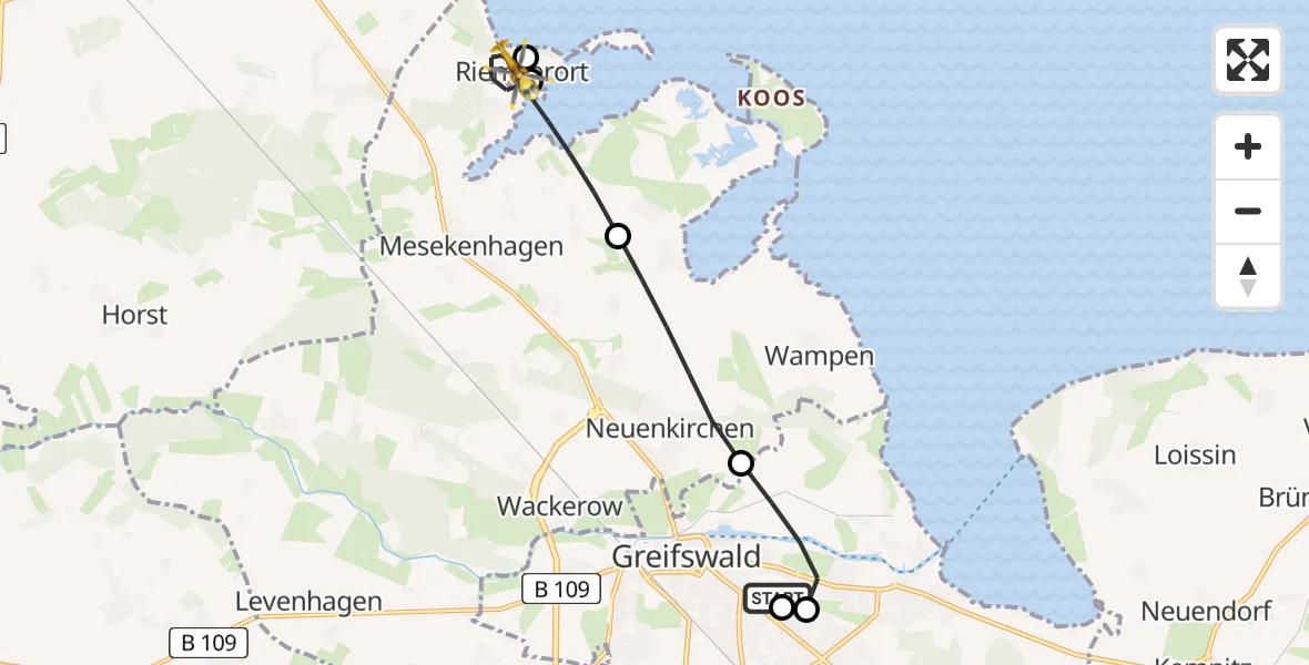 Flugroute Rettungshubschrauber Greifswald Hospital - Mesekenhagen, 03 August 2026, 06:34