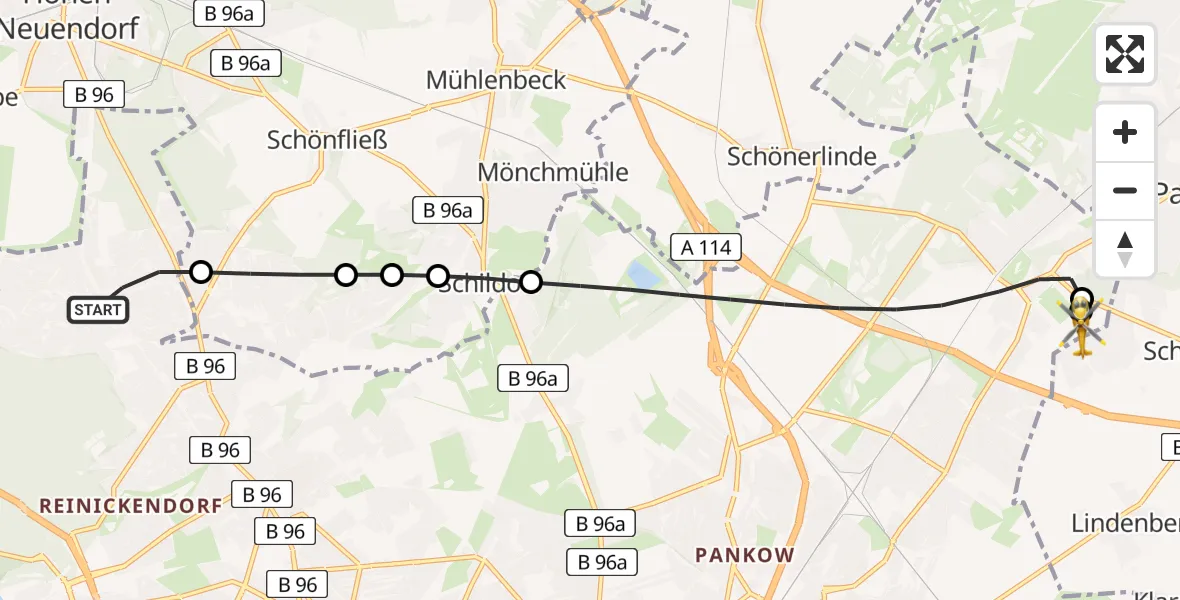 Flugroute Rettungshubschrauber Berlin - Helios Clinic Berlin-Buch, 03 August 2026, 06:38