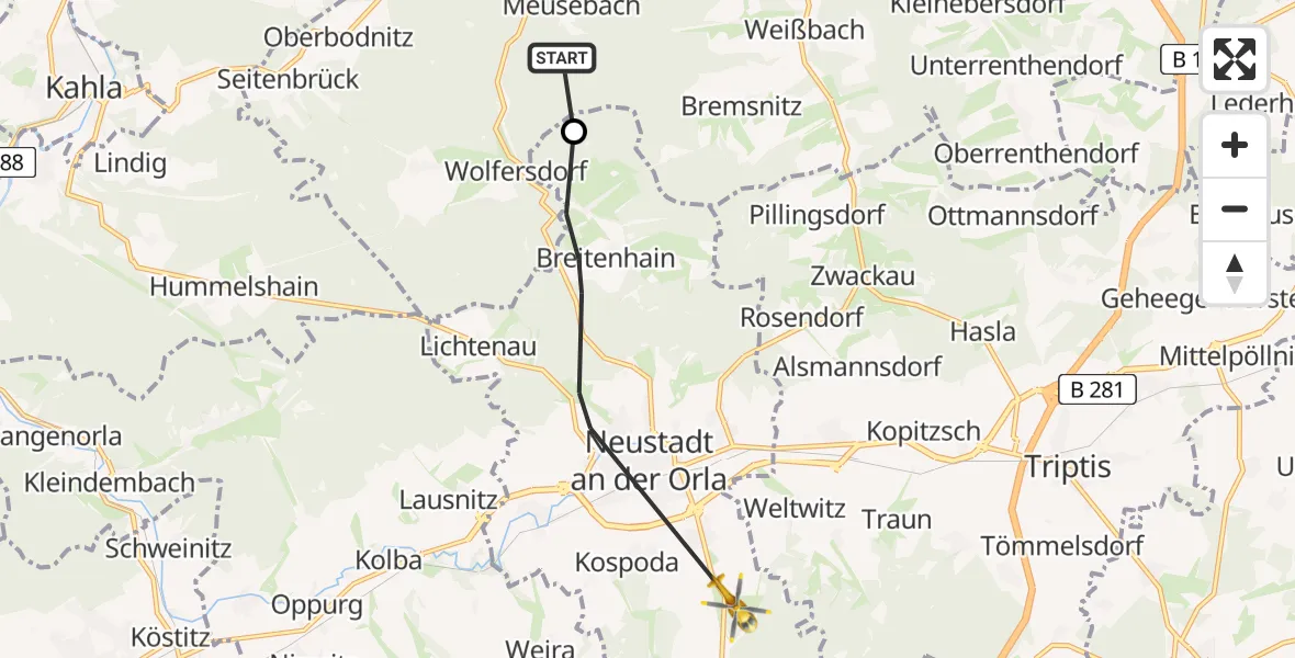 Flugroute Rettungshubschrauber Meusebach - Neustadt an der Orla, 03 August 2026, 06:41