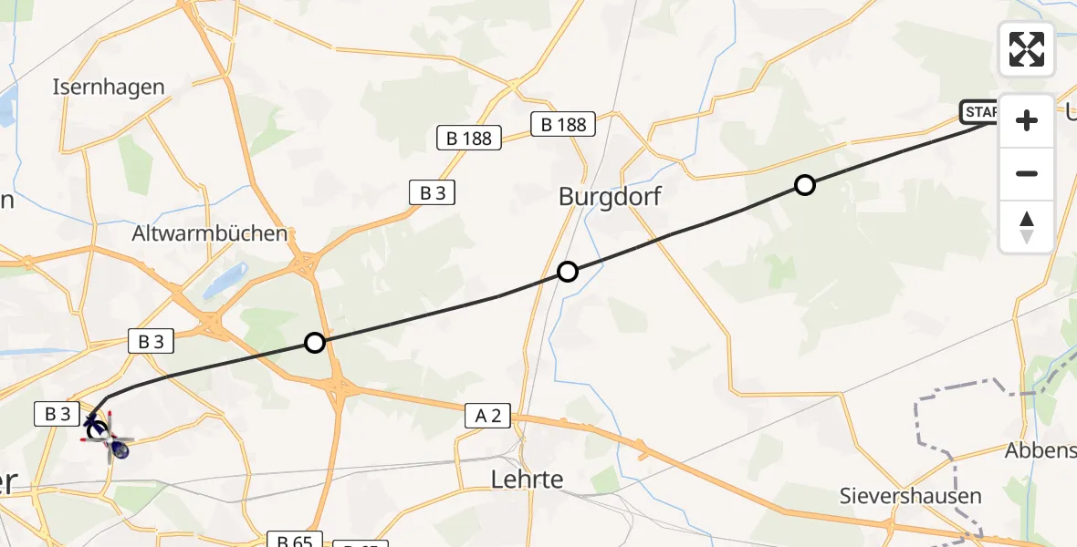 Flugroute Polizeihubschrauber Uetze - Hannover Luftrettung Hubschrauberlandeplatz (Christoph 4), 03 August 2026, 06:45