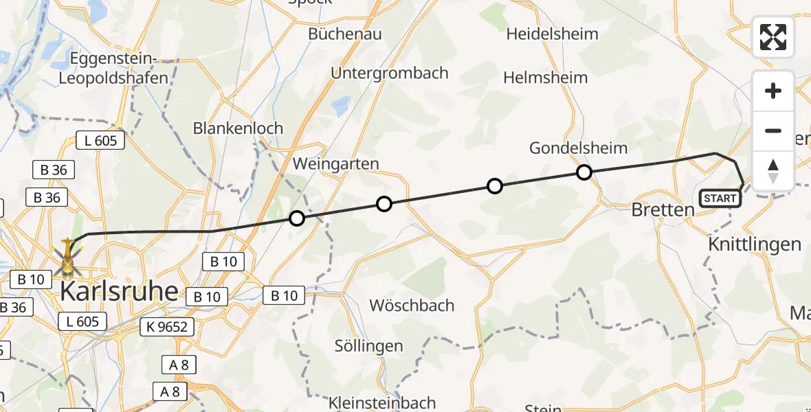 Flugroute Ambulanzhubschrauber Bretten - Karlsruhe, 03 August 2026, 06:52