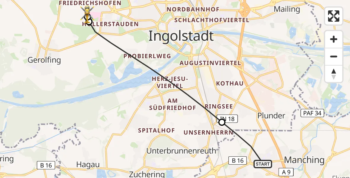 Flugroute Rettungshubschrauber Manching - Ingolstadt Hospital, 03 August 2026, 06:58