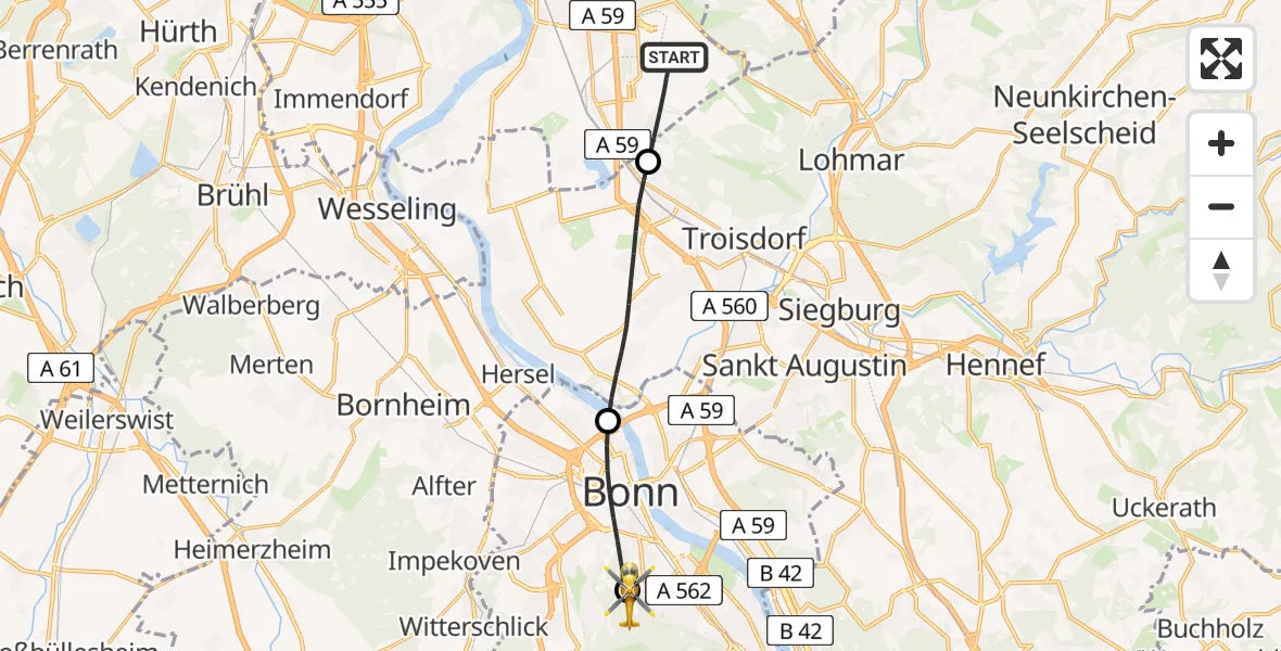 Flugroute Ambulanzhubschrauber Köln Bonn Flughafen - Bonn University Hospital, 03 August 2026, 07:01