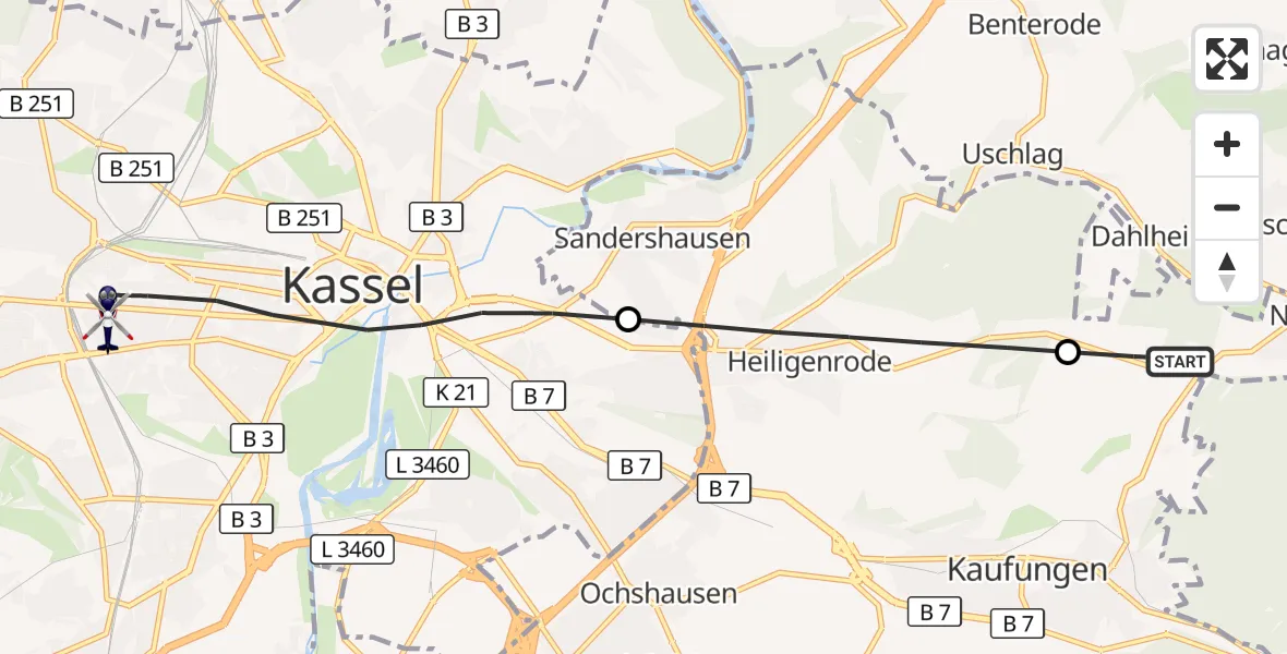 Flugroute Polizeihubschrauber Nieste - Kassel, 03 August 2026, 07:08