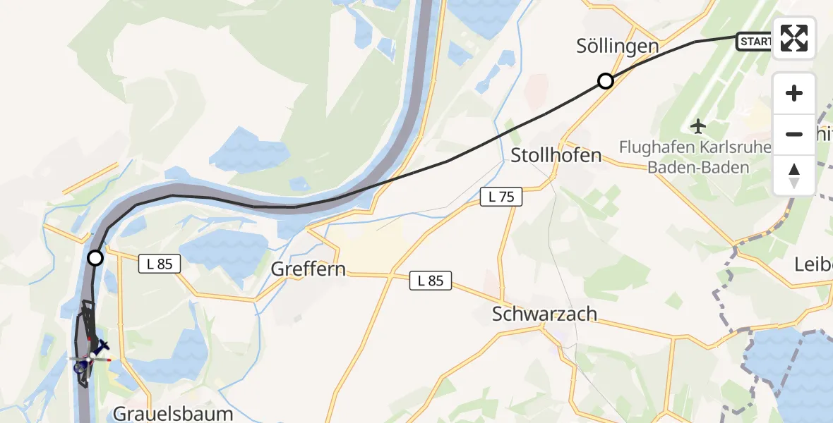 Flugroute Polizeihubschrauber Karlsruhe Baden-Baden Flughafen - Lichtenau, 03 August 2026, 07:13