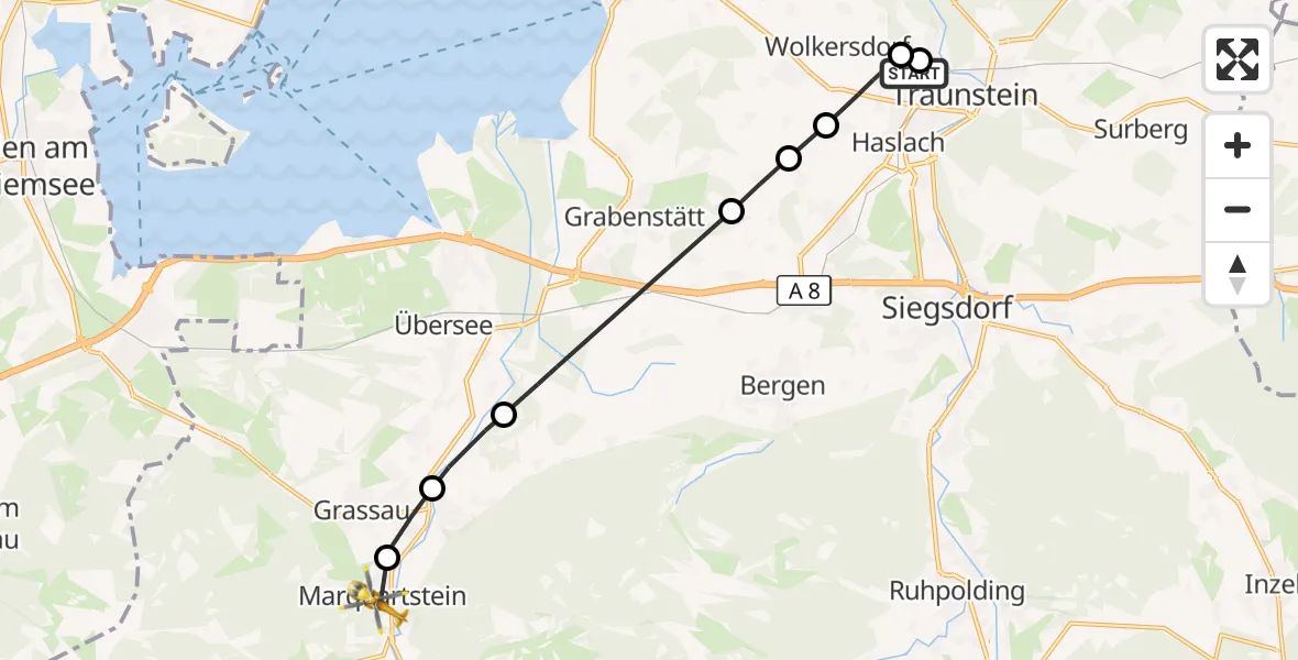Flugroute Rettungshubschrauber Traunstein Hospital - Marquartstein, 03 August 2026, 07:16