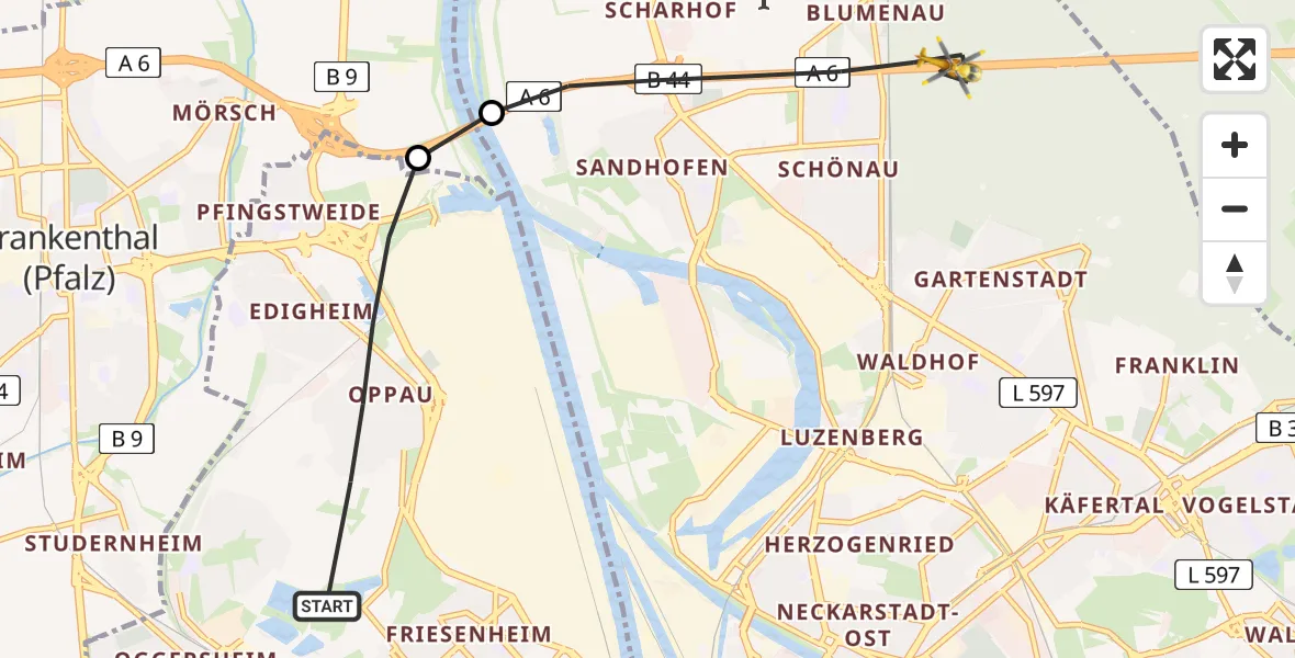 Flugroute Rettungshubschrauber Ludwigshafen am Rhein - Mannheim, 03 August 2026, 07:33