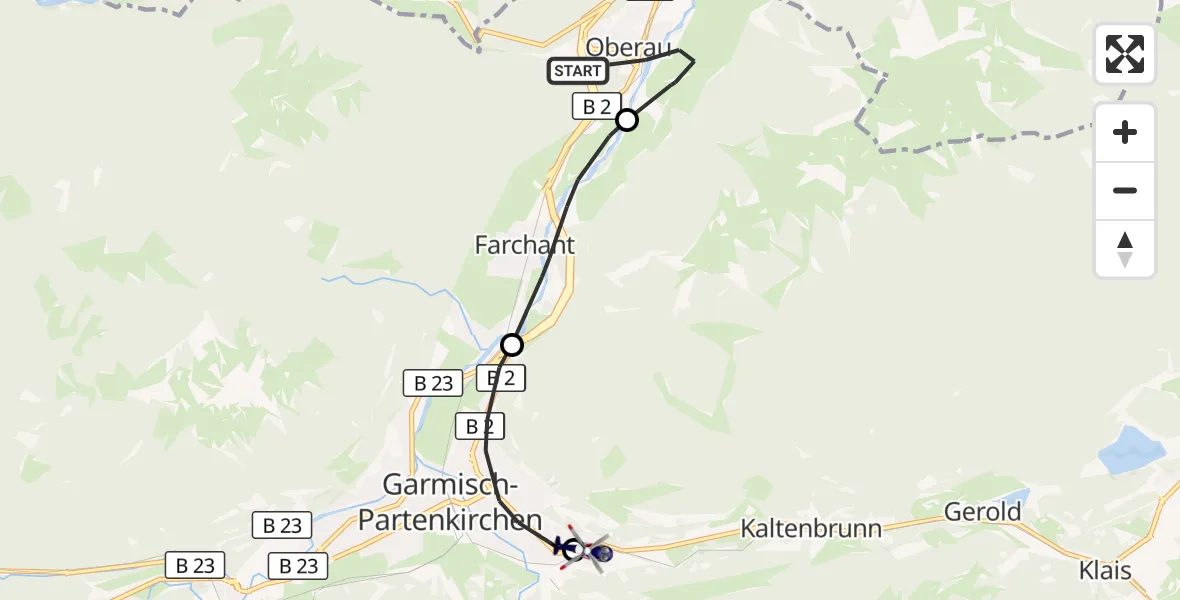Flugroute Polizeihubschrauber Oberau - Garmisch-Partenkirchen Clinic Hubschrauberlandeplatz, 03 August 2026, 07:38