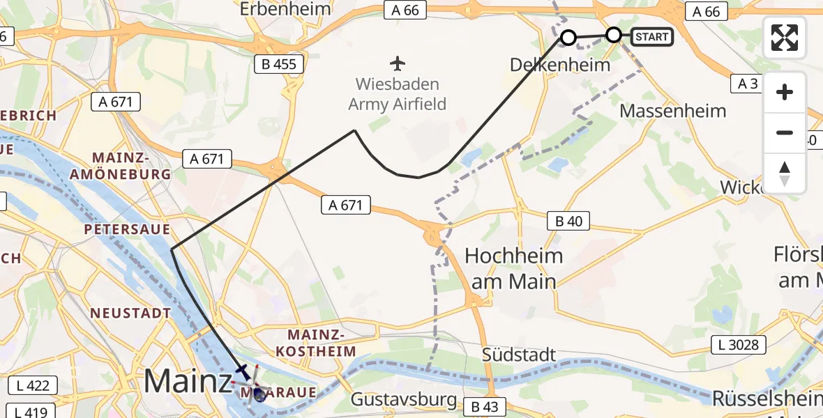 Flugroute Polizeihubschrauber Hochheim am Main - Wiesbaden, 03 August 2026, 07:42