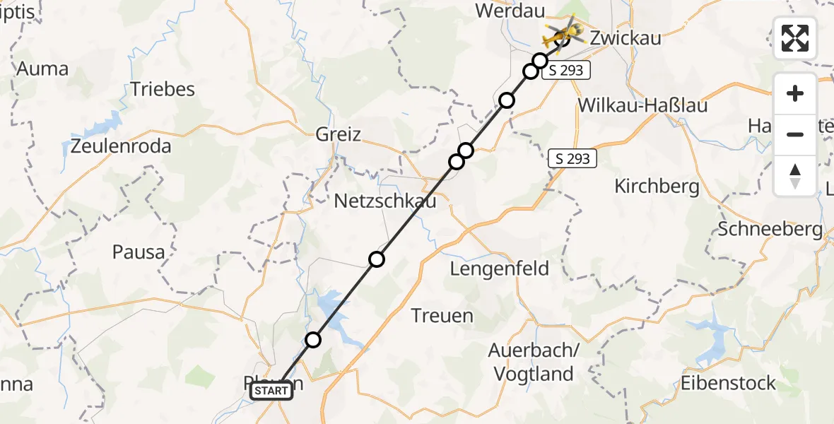 Flugroute Rettungshubschrauber Plauen - ADAC Air Rescue Station Zwickau Hubschrauberlandeplatz, 03 August 2026, 07:51